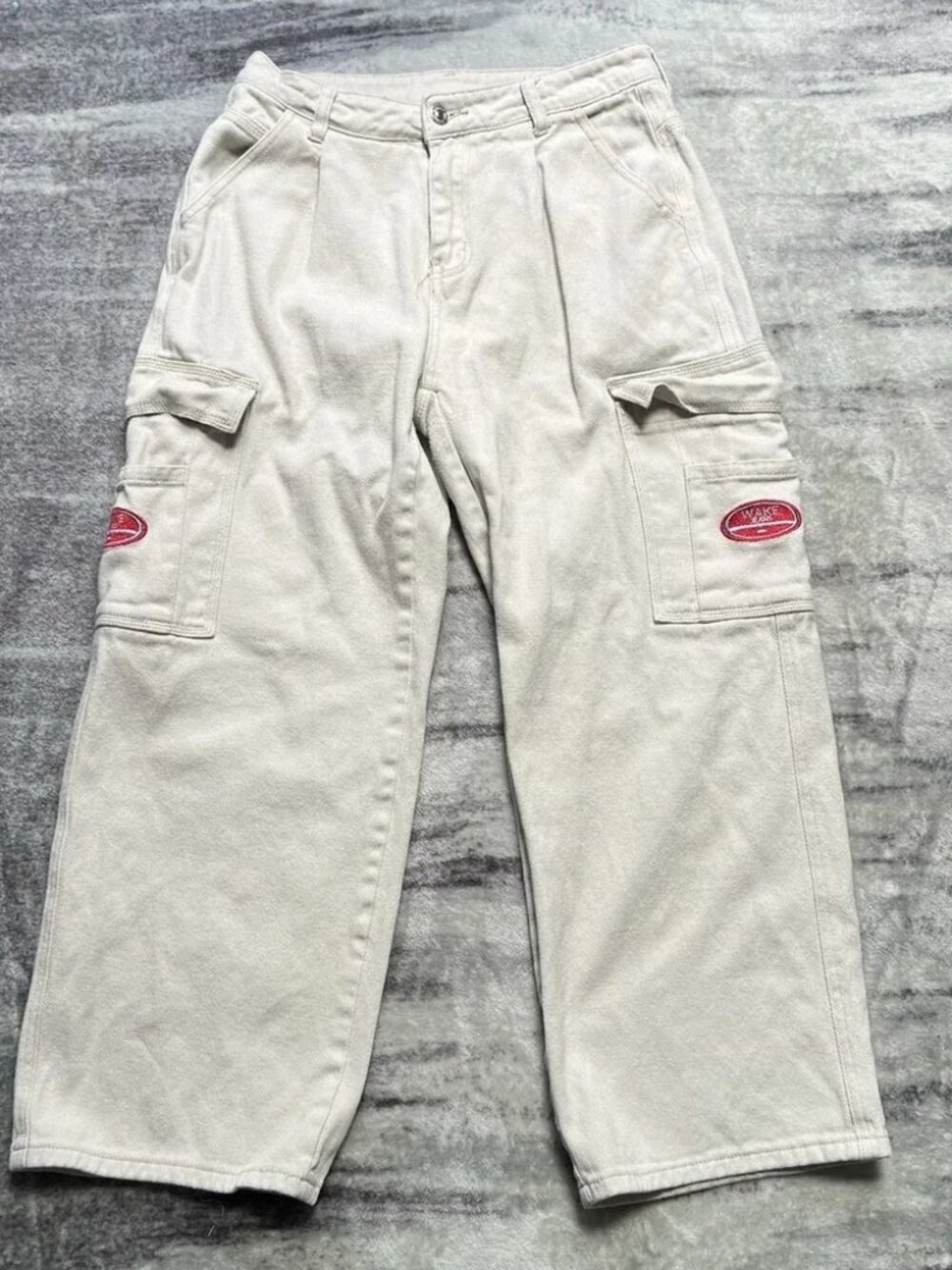 Cargo Pants Womens PM Beige Wake Jeans Patch Logo Pleated Baggy Skater